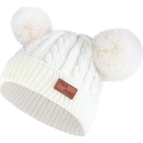LZH Kids Hats 2020 New Autumn Childrens Winter Double Fur Ball Woolen Hats Baby Girl Hats Knitted Baby Boy Hats Pure Color Hats