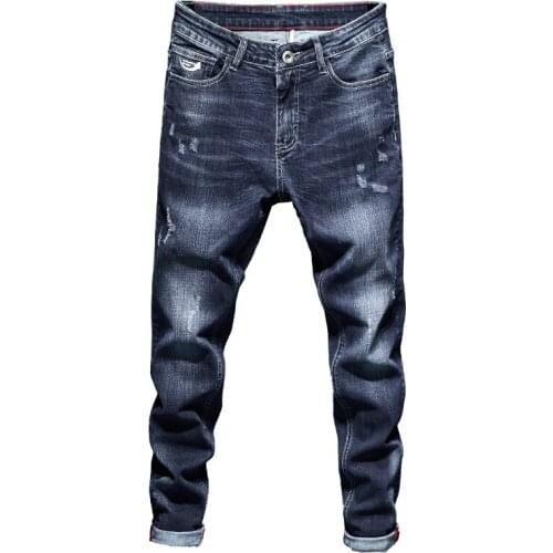Mens Jeans Brand Dark Blue Stretch Slim Fit Casual Denim Pants Fashion Desinger Pockets Scratch High Quality Male Jeans Hombre