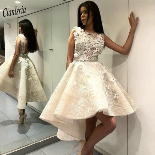 Sexy Illusion Lace High/Low Cocktail Dresses With Handmade Flowers Appliques O-Neck Backless Short Prom Party Homecoming Dress