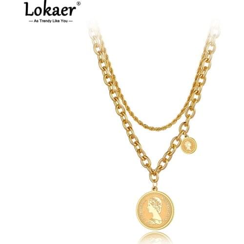 Lokaer Goth Stainless Steel Queen Portrait Charm Pendant Necklaces Fashion Bohemia Double Layer Chain Necklace For Women N21115