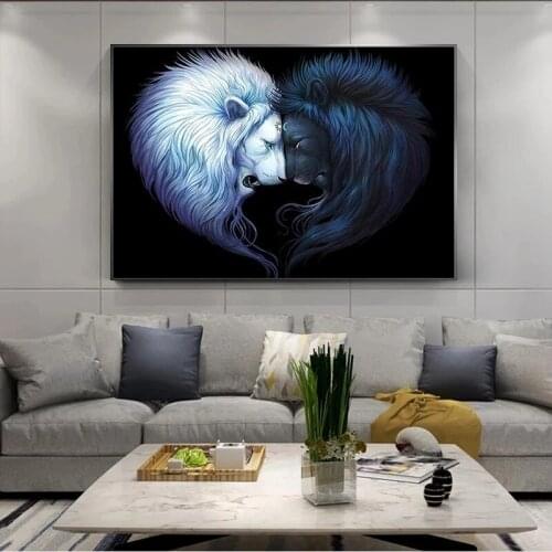 Canvas Painting Wall Art White Black Lion Heart Abstract Posters and Prints For Living Room Home Decoration Frameless