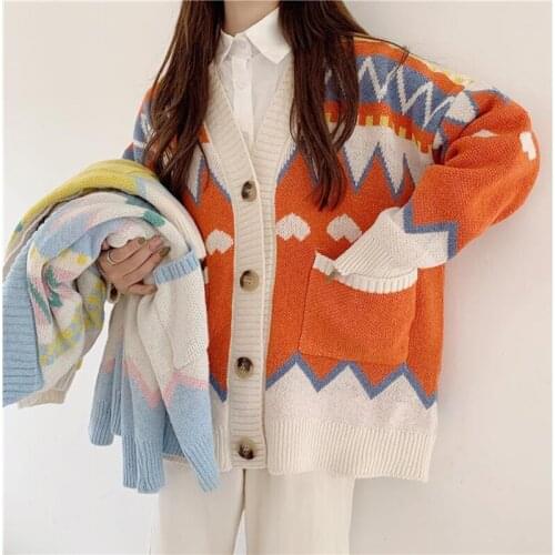 Autumn Winter Sweet Printting V-neck Single Breasted Cardigan Casual Loose Thicken Cardigan Jacket Korean Cute Oversize Sweaters