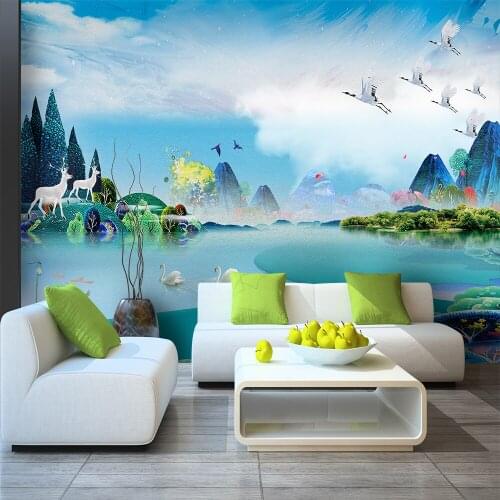 Custom wallpaper New Chinese oil painting White crane White deer Forest landscape background wall - Silk waterproof material