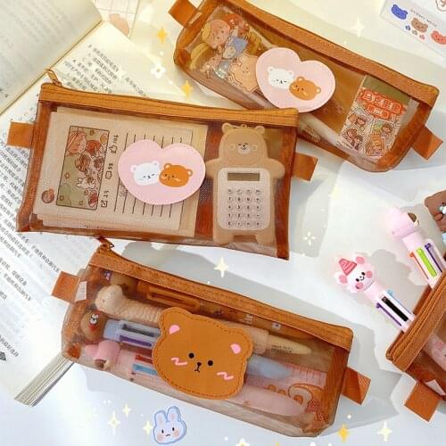 Transparent Mesh Pencil Case Cute Bear Brown Pouches Stationery Student Pencil Bag Large Capacity Storage Kawaii Bag