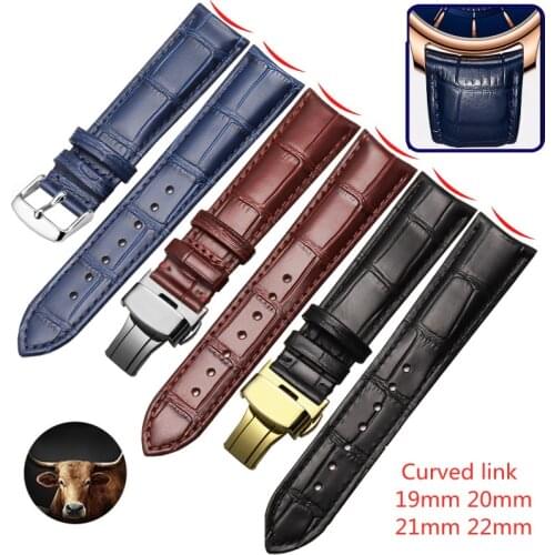Genuine Leather Curved Watchband 19mm 20mm 21mm 22mm For Wristwatch Band Strap Steel Butterfly Buckle Wrist Bracelet