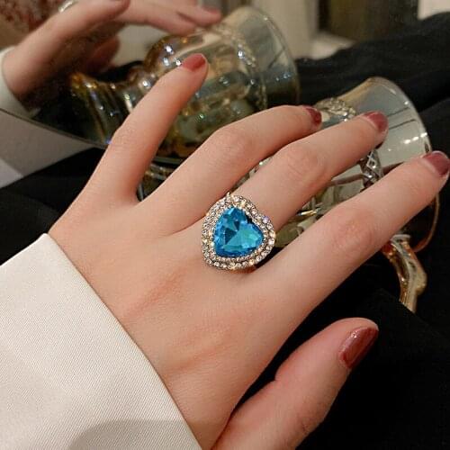 Korean Style Luxury Shining Rhinestone Crystal Heart Rings for Women Open Design Adjustable Finger Rings 2021 New Trendy Jewelry