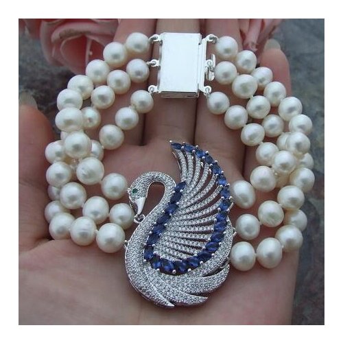 Handmade natural 3 strands 7-8mm white freshwater pearl micro inlay zircon swan buckle flower accessories bracelet long 20 cm