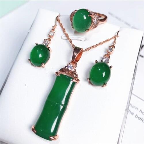 Jadery Luxury Jewelry Sets For Women Natural Green Jade Emerald Gemstone Earrings/Ring/Necklace 925 Sterling Silver Jewelry Gift