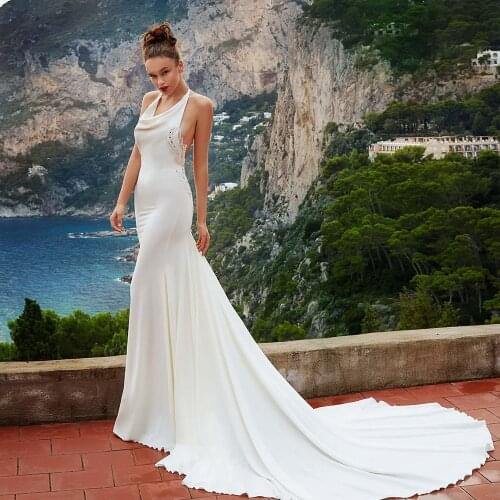 Appliques Beaded Crystal Satin Mermaid Wedding Dress China Shop Online Halter Sexy Backless White Bridal Gowns Mariage
