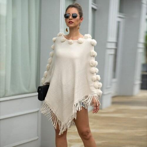 Autumn Winter Womens Sweater Knitted Pullover Sweaters Fringed Cloak Shawl Hair Ball Round Neck Solid Color Sweater Women