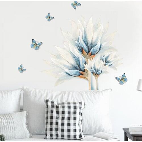Water color blue butterfly flower Wall sticker Living room sofa background home decoration mural bedroom wallpaper PVC stickers