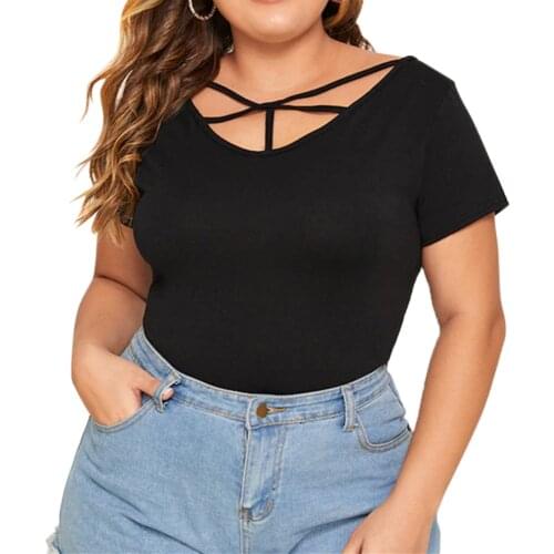 WomenS Plus Size T-Shirt Top Cross Strap V-Neck Short-Sleeved All Black Large Size Lady Summer Tshirt Tee Shirt Female Top D30