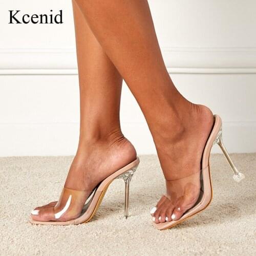 Kcenid Big Size 42 Clear Sandals Slides Open Toe High Heels Women Transparent Perspex Slippers Crystal Heel Ladies Shoes New