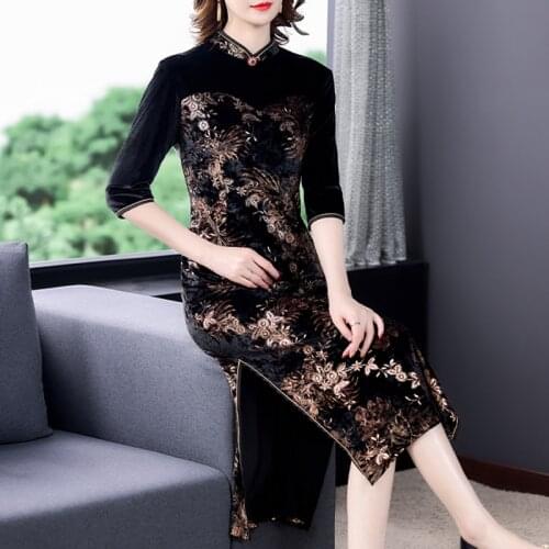 2021 High Quality Vintage Black Gold Velvet Floral Embroidery Midi Vestidos Spring Autumn 4XL Plus Size Elegant Bodycon Dresses