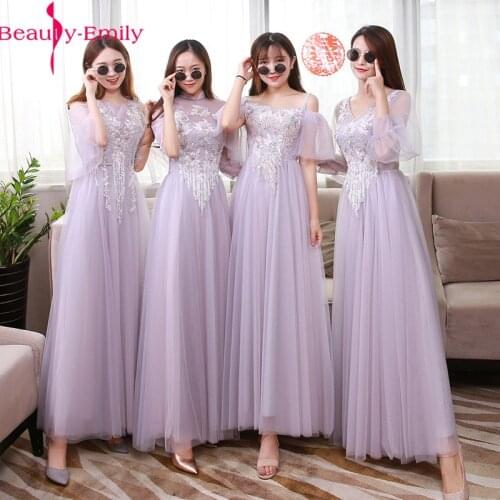 Beauty Emily 2019 Hot Sale Gray Pink Bridesmaid Dresses with Appliques Tulle A-Line Boat Neck Sleeveless Wedding Party Dress