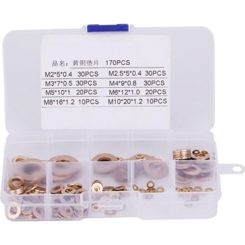 180Pcs Brass Washers Flat Washer w/ Box Assortment Kit M2/M2.5/M3/M4/M5/M6/M8/M10 washer gasket Fastener