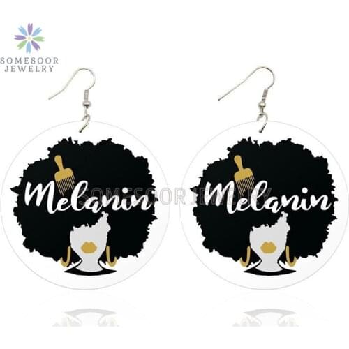 SOMESOOR Melanin African Ethnic Wooden Drop Earrings Afro Natrual Hair Comb Design Printed Big Loops Jewelry For Women Gifts