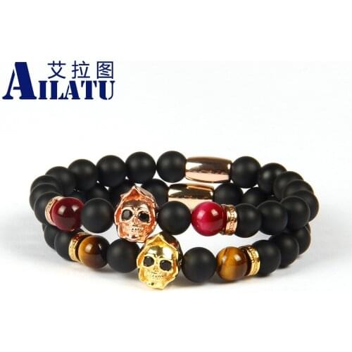 Ailatu 8mm Black Matte and Facted Onyx Stone with Punk Style CZ Skull Head Couples Lover Bracelet Pulseira Hombres