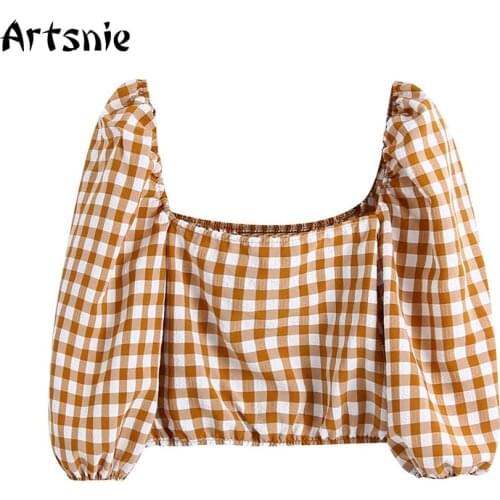 Artsnie Vintage Plaid Blouse Women Summer 2021 Square Collar Puff Sleeve Slim Crop Tops Streetwear Slim Ladies Cropped Blouses