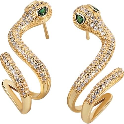 Binmonray 925 Sterling Silver Green Eyed Snake Micro Pave Zircon Stud Earrings for Women Shiny Snake Shape Dangle Female Earring