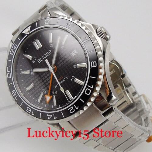 BLIGER Black 41mm Wristwatch Male Stainless Steel Bracelet Rotating Bezel GMT Hand Ceramic Bezel Insert Sapphire Crystal