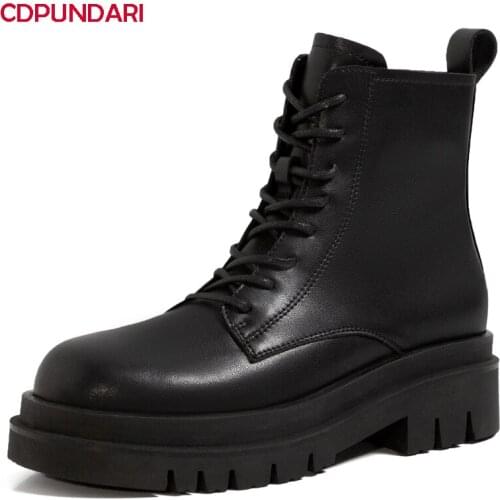 Ladies Black Genuine Leather Platform Ankle Martin Boots For Women Autumn Winter Casual Short Boots Shoes Bottines Femme