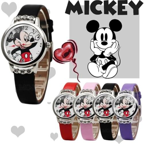 Selling Mickey Mouse Disney Childrens watch fashion With diamonds Leather watch Casual quartz watch girl boy gift Watch