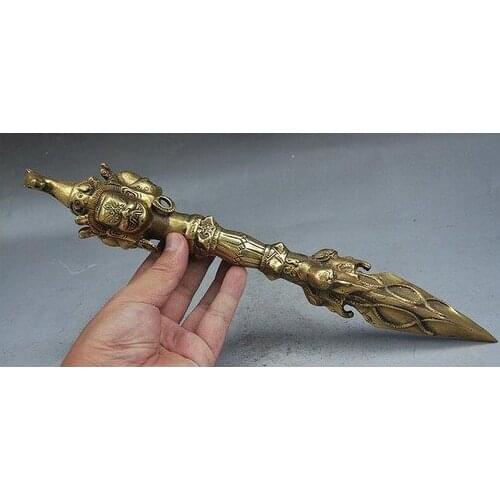 YM 324 10" TIBET BUDDHISM TEMPLE BRASS HORSE MAHAKALA GANESH HEAD PHURBA DAGGER HOLDER