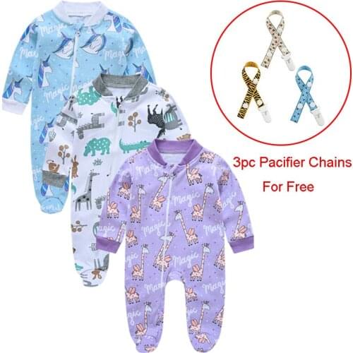 Baby Footed Pajamas (6-9M) - 100% Cotton 3pc Baby Long-Sleeved Romper Zipper Pajamas with 3pc Pacifier Chains Baby Clothing Set