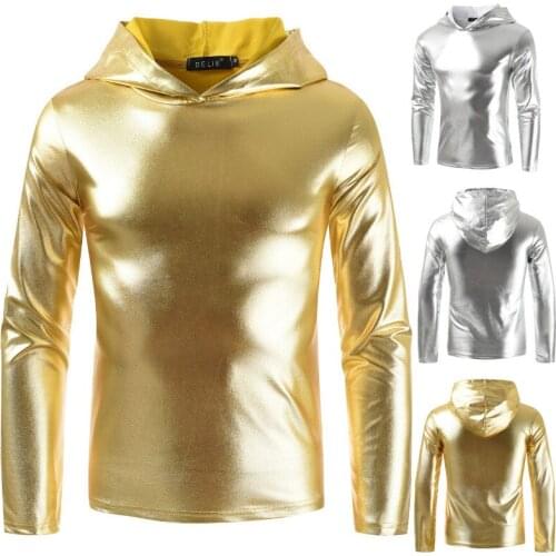 Men New Long sleeve Slim Shiny Gold Silver Coated Hooded tshirt Fashion Hip-hop nightclub stage performance T-shirt Tee top