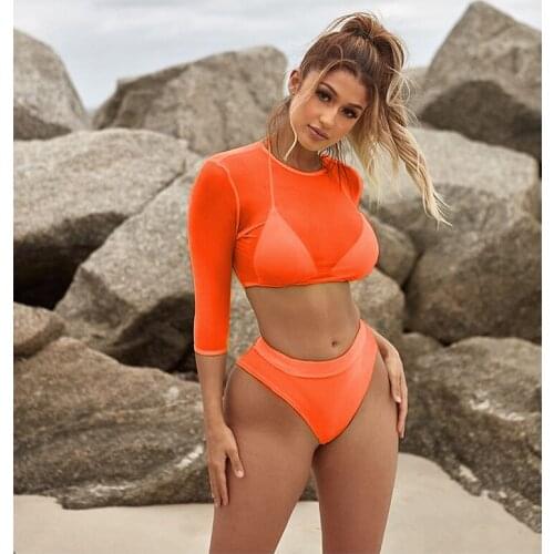 Women Sexy 3 Pcs Swimwear Halter Bikini Bras High Waist Panty With Mesh Crop Tops Bikini Set Fluorescent Yellow Orange Pink Blue