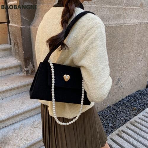 Elegant Velour Women Red Underarm Bag Vintage Design Female Shoulder Bags Faux Pearl Chain Ladies Small Tote Purse Handbags