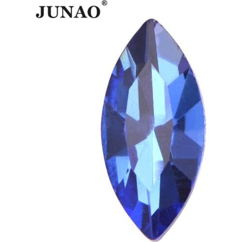 JUNAO 7*15mm Dark Blue Horse Eye Glass Crystal Rhinestones Applique Pointback Glue on Strass Stones For DIY Handicraft