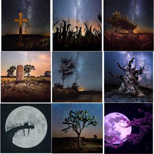 Diy Painting By Numbers Landscape Diamond Painting Full Moon Under The Starry Sky At Night Modern Style Room Wall Decoration Art