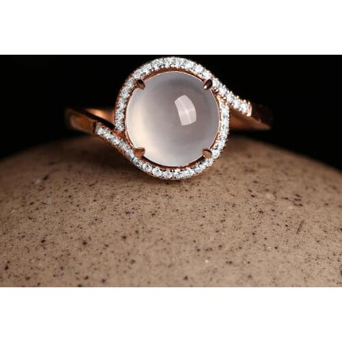 Natural ice seed chalcedony round beads spiral design opening adjustable ring retro elegance charm women silver jewelry