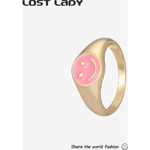 Lost Lady Ins Style Enamel Cute Smiley Face Ring Women Men Lover Retro Round Couple Ring Gold Alloy Ring Party Jewelry Gifts
