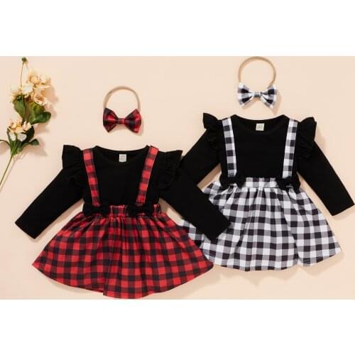3Pcs Little Girls Outfit Solid Color Fly Long Sleeve Round Collar Tops + Plaid Suspender Skirt + Bow Headwear Set