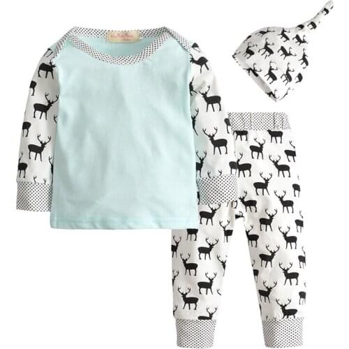 3Pcs Set Newborn Baby Boy Clothes Cartoon Long Sleeve T-shirt Tops Pants Hat Deer Head Pattern Infant Toddler Clothing Outfits