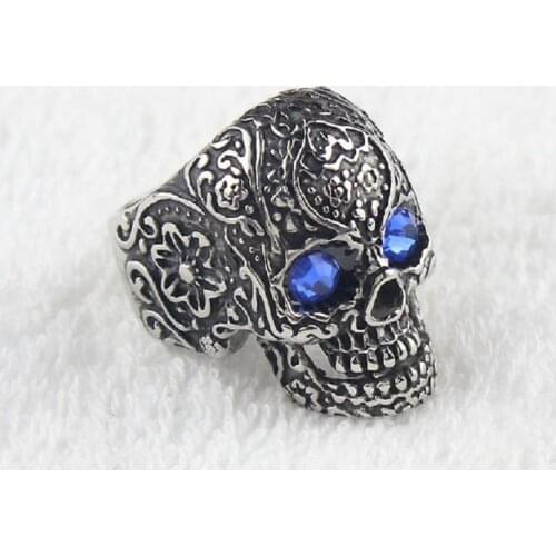 Mens Blue CZ Eyes Gothic Poker Skull Flower Stainless Steel Biker Ring Mens Jewelry