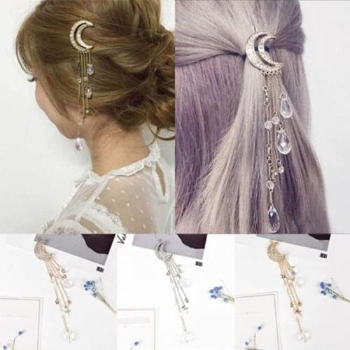 New Womens Girls Elegant Moon Crescent Hair Clip Crystal Pendant Hairpin Tassel