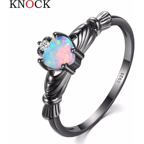 KNOCK high Charming Heart Shape Fire Opal Rings For Women Wedding Band Vintage Black Filled White Ring