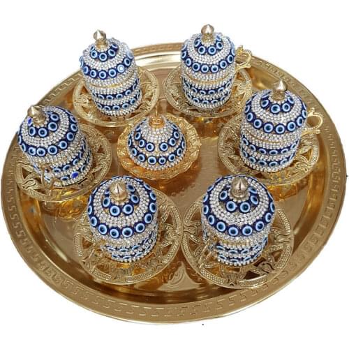 Handmade authentic Design Turkish Greek Arabic Coffee Espresso Set for 6 Service Cups Saucers Lids Tray Delight Candy Dish GIFT