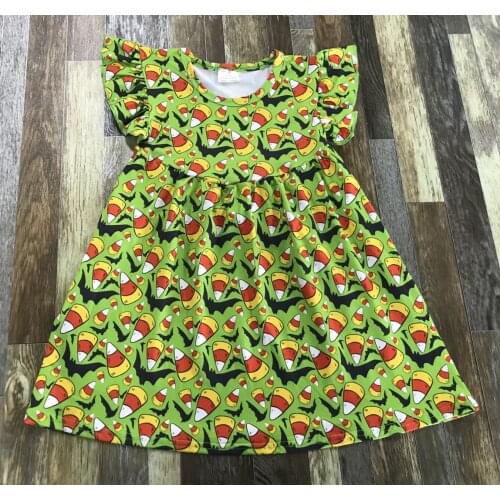 Popular Kids clothing Little Baby girl round neck green corn candy full floral Halloween bat pearl dress