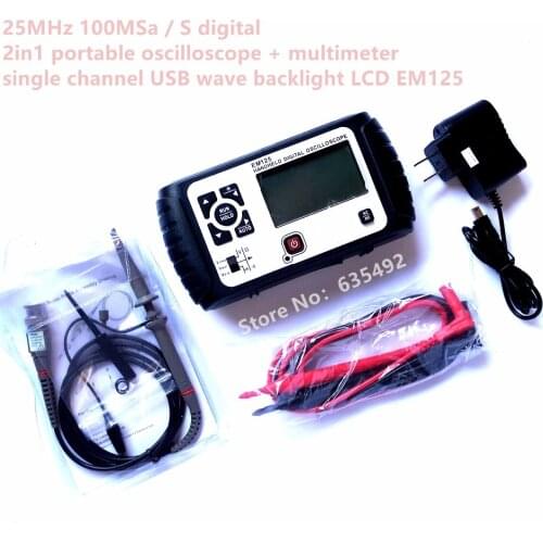 EM125 25MHz 100MSa/s Digital 2in1 Handheld Portable Oscilloscope+Multimeter Single Channel Waveform USB LCD Backlight EM125
