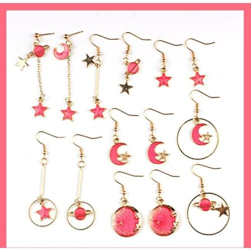 Romantic Pink Dangle Earrings For Women Alloy Asymmetry Star Moon Circle Type Christmas Jewelry Gifts For female