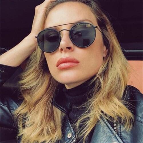 Round Double Bridge Sunglasses Unisex Flat Lens Black Sun Glasses Luxury 2020 Trendy Small Round Sunglasses Women Men uv400