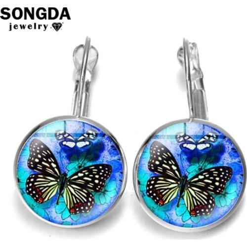 SONGDA Butterfly French Hook Earrings Fashion Silver Color Romantic Elegant Art Photo Glass Cabochon Earrings for Women Jewelry