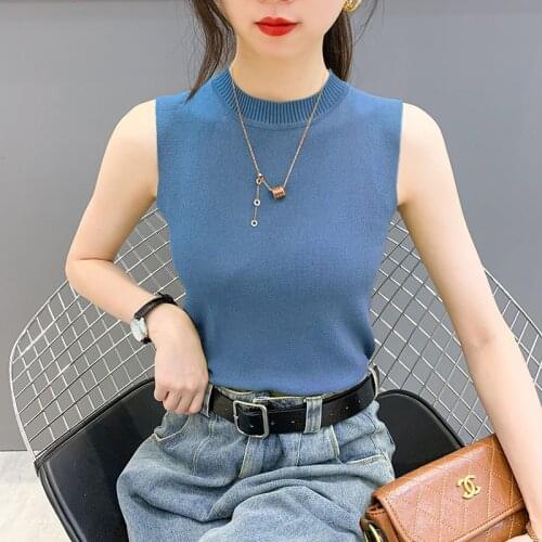 Knitted Vest Women 2021 Summer O Neck Tank Top Camisole Blouse Sleeveless Slim Tops Female Knitwear Sexy Thin Sweater Vests