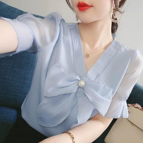 2021 Summer New Bow V Neck Chiffon Shirt Short Sleeve Top Blouse Blusas Ropa De Mujer