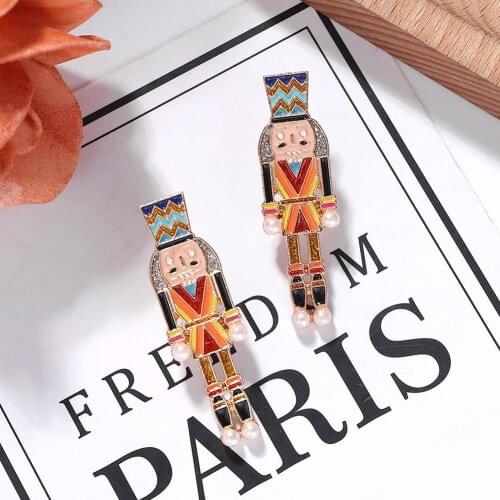 HUANZHI 2020 Cartoon Vintage Enamel Colorful Rhinestone Imitation Pearls Human Shape Metal Stud Earrings For Women Jewelry Gift